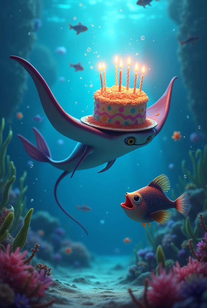 Imagine a ray fish gracefully gliding through the water, proudly holding a vibrant birthday cake adorned with lit candles in its fin. Nearby, a colorful flowerhorn fish watches with a curious and excited expression. The scene is set in an underwater world, with the soft glow of the cake's candles reflecting off the water and illuminating the surrounding aquatic environment. Capture the festive and joyful atmosphere of this unique underwater celebration!