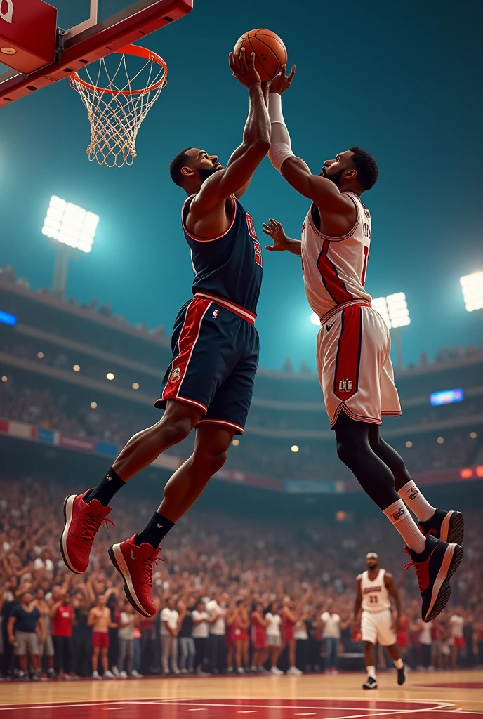 LeBron dunking on giannis at night at basketball court and croud is shouting and all player are looking at them