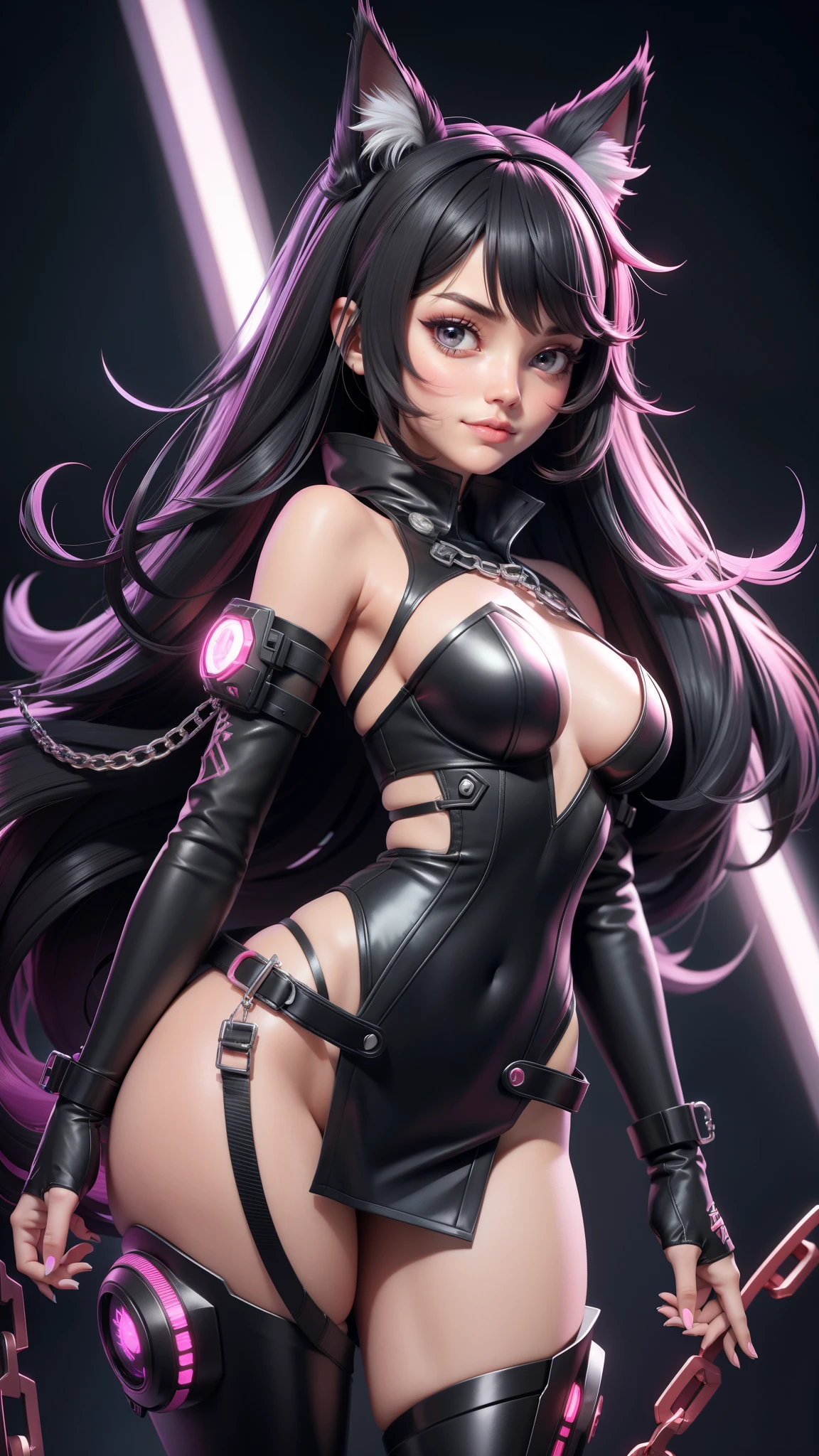 a girl in a revealing black and white outfit with a cat ears and a chain around her, seductive anime girl, showing lots of skin, cyberpunk anime girl, anime cyberpunk art, female cyberpunk anime girl, female anime character, beautiful alluring anime girl, female action anime girl, with red glowing eyes, demon anime girl, anime girl, from arknights, beautiful anime catgirl, anime girl