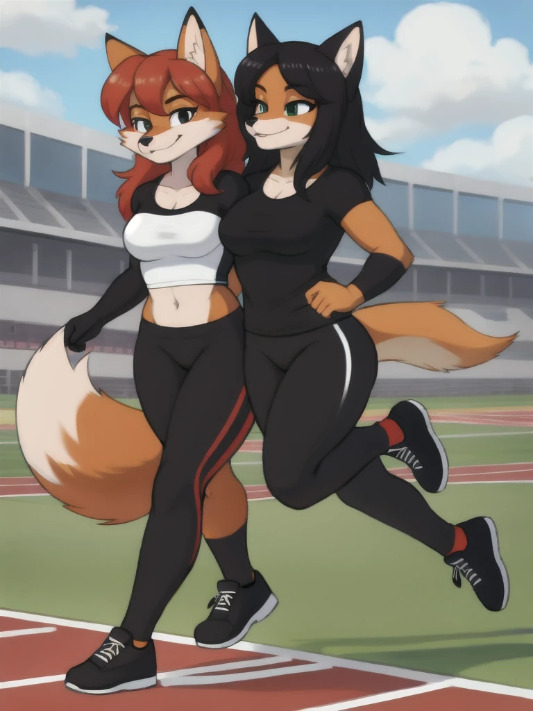 Furry, fox, female, black shirt, black leggings, shoes, running track, friends, full body