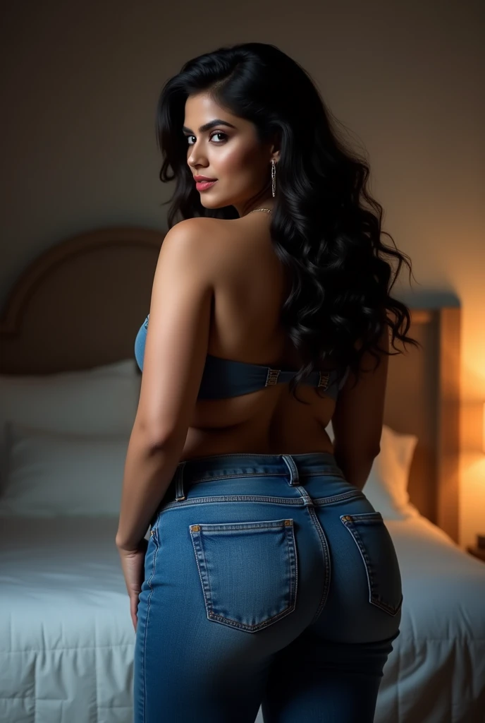 Curvy girl pakistani blue jeans lusty going on shoft bed before sex full body back sexy hips view standing