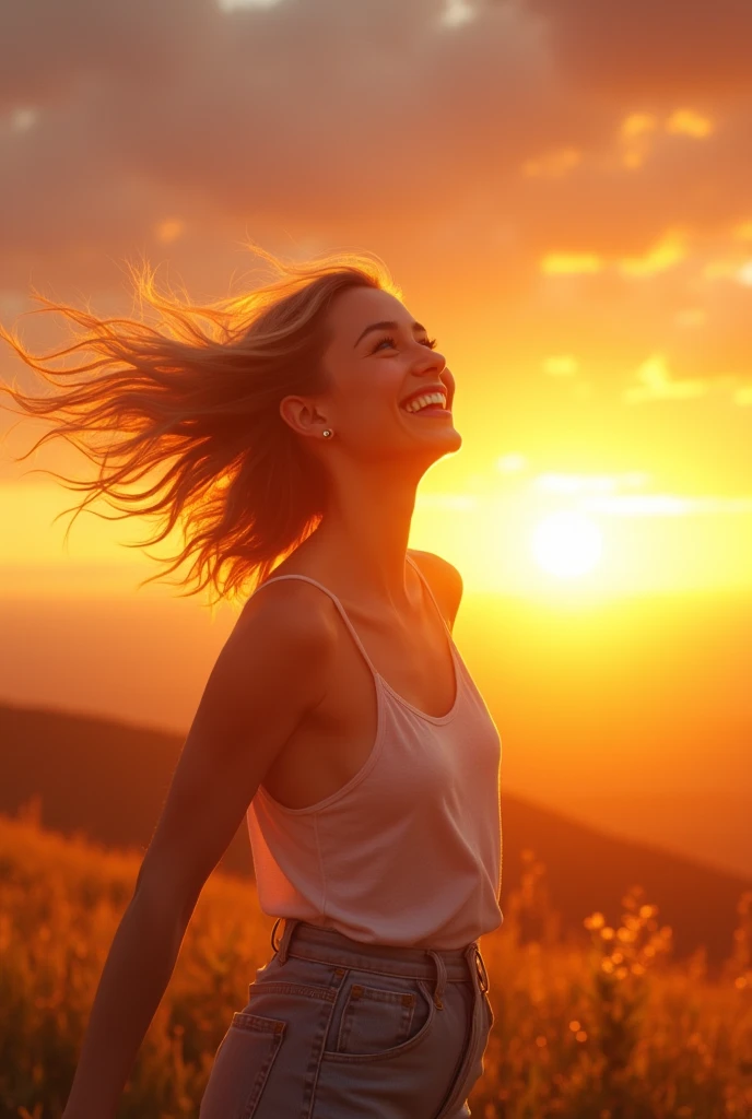 Make a young blonde looking at the sunset excitedly