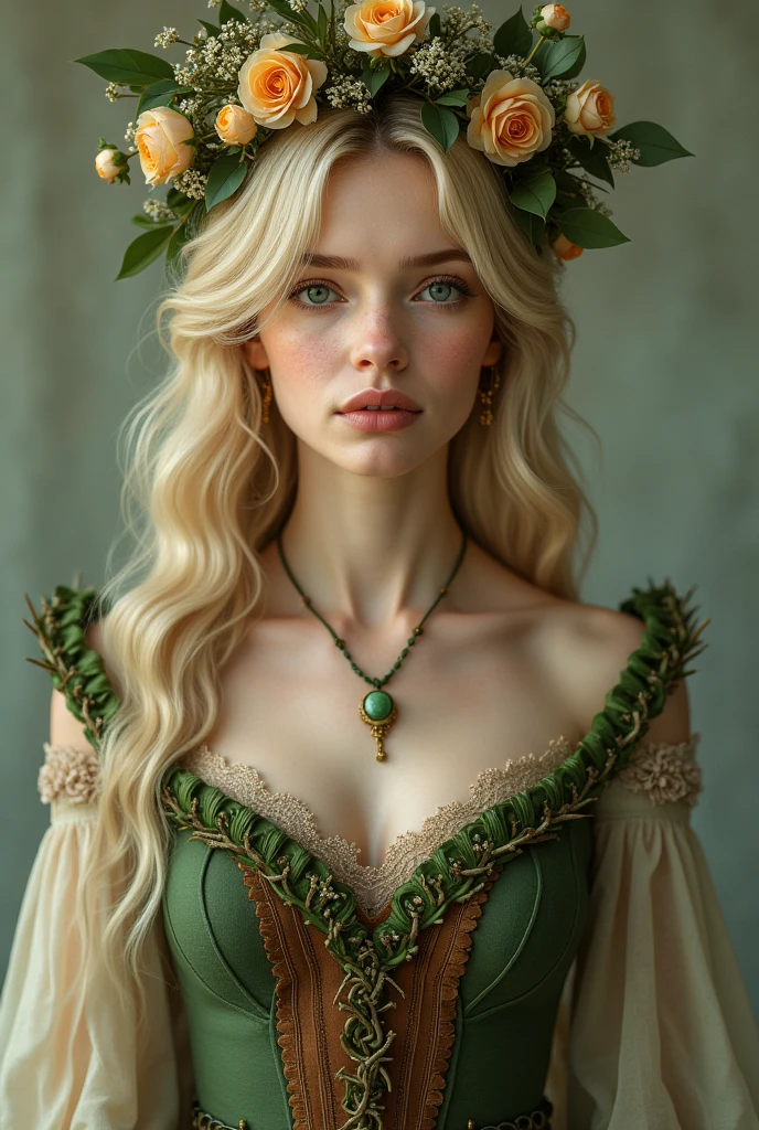 (photorealism:1.2), Beautiful blonde woman from the front wearing a Victorian style dress in green on top and brown on the bottom with beautiful flowers on top and vines around the body, a jade green necklace and a crown of beautiful flowers and thorns, with makeup inspired by nature