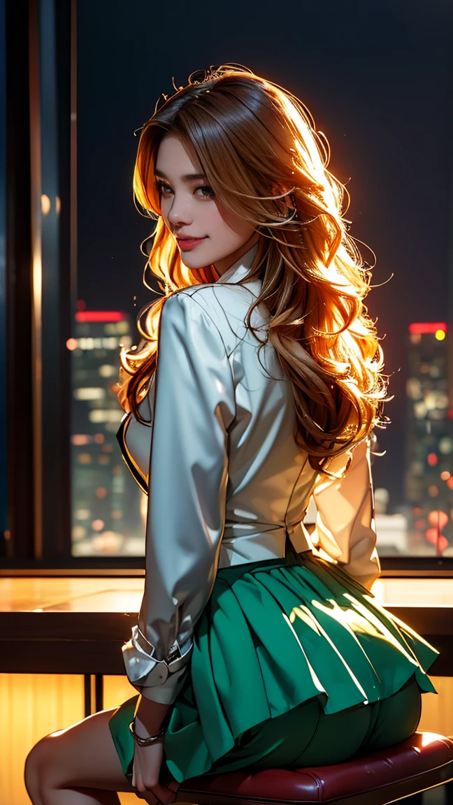 (Very detailed, Realistic, Highest quality, 4K, 8k, High resolution, masterpiece:1.3), An attractive flight attendant with a graceful and elegant figure. Erin Anderson is tall and slender, long, Long, wavy, golden blonde hair styled in loose curls. Long hair that reaches down to the buttocks.She has attractive, friendly, bright green eyes.. She wears a provocative silk uniform, White vertical ruffle silk blouse、Pair it with a blazer jacket, Short flared skirt, Black high heels, Silk scarf, Her attitude is friendly and approachable, With a radiant smile that enhances her warm presence. The background is smooth, A modern private jet parked on the runway, Emphasise your role as an elite flight attendant. This scene captures her polished and professional appearance., highlighting her elegance and the luxurious environment in which she works, (Intricate details, Very finely crafted needles, Very finely crafted fingers, Full-body showcase, Show whole body).（Long hair that reaches down to the buttocks:1.5）((とてもlong髪))(((Sits on a bar chair by the counter in a seductive pose in a stylish bar at night:1.1))),((Place your left hand gently on your chin，right hand holding chest:1.3)),((sitting on a chair, night view terrace background:1.3)),((Smile、Embarrassed smile))、((Skyscrapers look hazy outside the window:1.4)),　((looks from behind:1.5)),