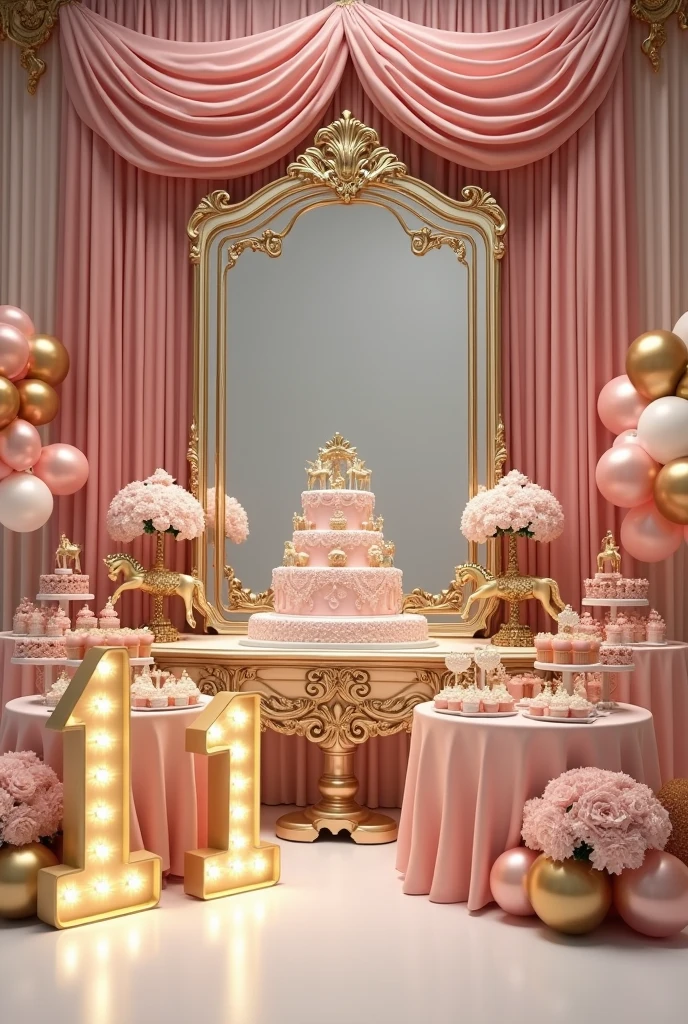 The photo must show the decoration of a luxurious birthday party with a carousel theme.. The main scene consists of a large panel decorated with mirrors and drapes in soft pink., creating an expansive and reflective effect. The candy tables are richly decorated in shades of pink and gold, displaying a variety of sweets, cupcakes e um bolo alto central, adorned with carousel horses. Gold and pink balloons are arranged in large clusters around the panel, adding volume and color. There are also small golden carousel horses as part of the decoration., maintaining thematic consistency. the number "1" in LED lights is positioned in front, suggesting it may be a first birthday celebration. The overall design conveys a sense of opulence, with a soft color palette dominated by pink, white and gold, perfectly suited for the celebration of a .