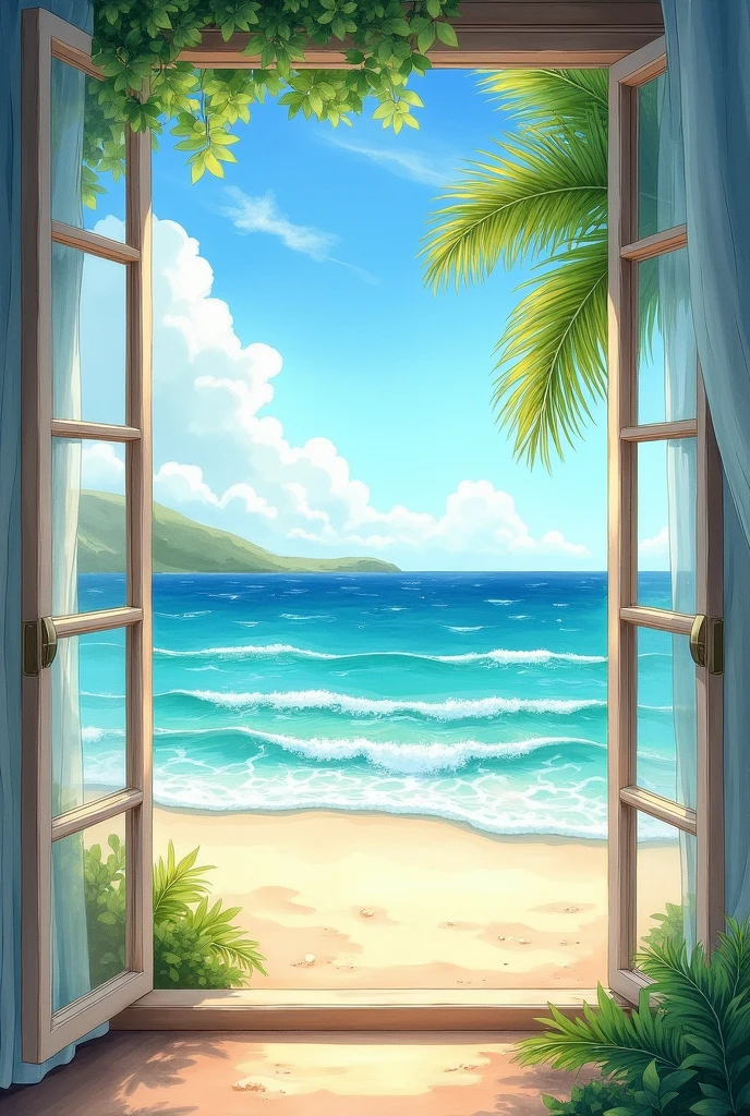 Beautiful outside a window beach scenery painting watercolour