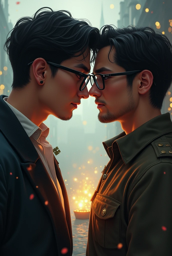 What would an average 2 man look like wearing thin, square glasses?, who is a powerful wizard who is in love with his best friend, a tall, strong man who is a military man and has medium-length black hair. 