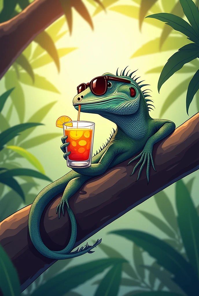 a lizard relaxing having a refreshing drink and sunbathing leaning on a tree branch with sunglasses, designed logo style
