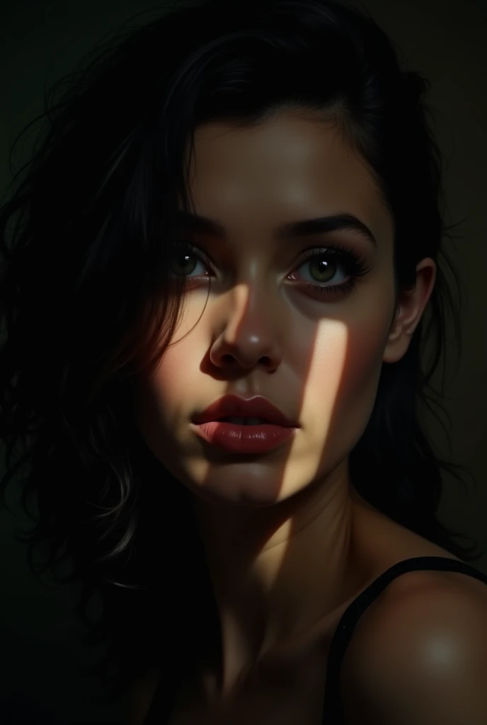 (((ultra realistic))) Photo, masterpiece, top quality, (pale skin), (Ultra detailed face and eyes:1.2), Bright eyes, 1 girl, red bra, gloomy atmosphere, Dark background, (Eye makeup, mascara) , ((Dark wavy hair)) , ((Stylish hairstyle)) , {Gigantic|Huge|Mega}breasts, (A slight smile), ((Posing)), photoshoot, studio (Contour lighting), (The play of light and shadows), depth of field, bokeh, (special attention to skin detail: 1.2), Detailed leather texture, skin pores, ((Dark and gloomy atmosphere frame. color scheme - black, Gray, Ashen, Tons)), ((Film grain, VHS effect)), ((rays)) , ((waist up portrait, close to the camera)) , ultra detialed,