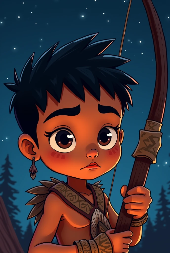 make an attentive indigenous boy at night taking an arrow from the quiver with the bow in his hand giving a close-up of his face in cartoon style
