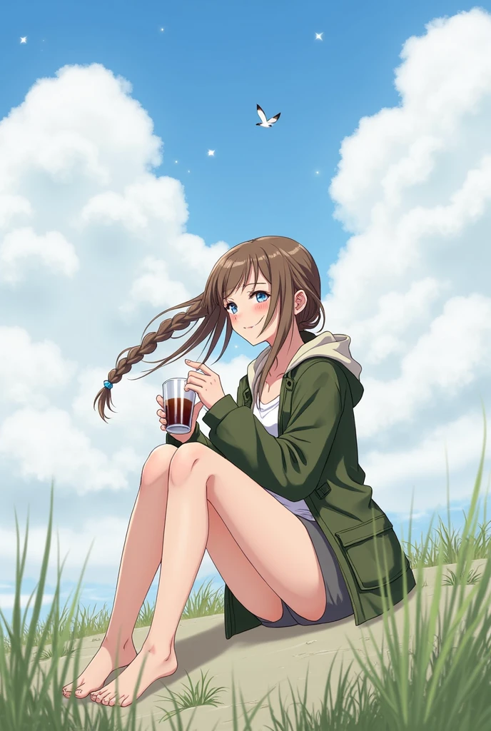 1girl, solo, long hair, blush, smile, blue eyes, brown hair, holding, sitting, jacket, braid, sky, barefoot, cloud, hood, cup, military, hoodie, bird, holding cup, alcohol, mug, green jacket, aircraft, airplane, beer, beer mug, (hair swept bangs:1.3), (long brown hair:1.3), anime style, from girls frontline, fine details. girls frontline, girls frontline universe, girls frontline style, girls frontline, girls frontline cg, 2 0 2 2 anime style, 2022 anime style, pixiv contest winner, concept art 2022, 