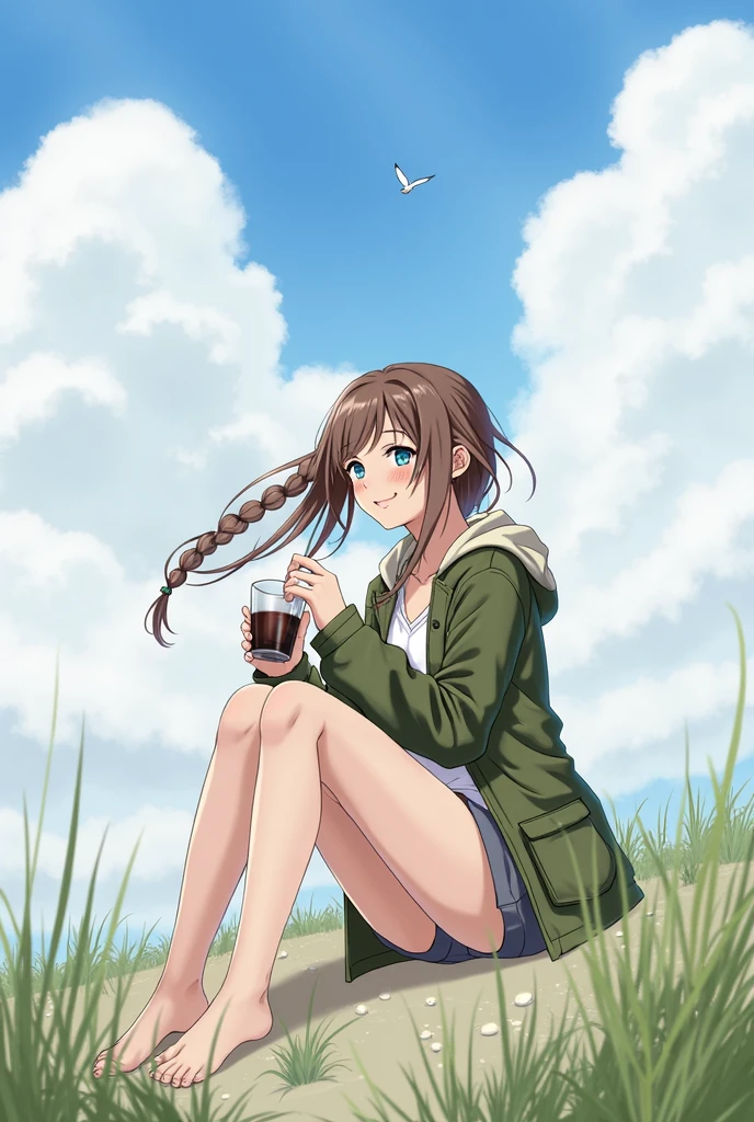 1girl, solo, long hair, blush, smile, blue eyes, brown hair, holding, sitting, jacket, braid, sky, barefoot, cloud, hood, cup, military, hoodie, bird, holding cup, alcohol, mug, green jacket, aircraft, airplane, beer, beer mug, (hair swept bangs:1.3), (long brown hair:1.3), anime style, from girls frontline, fine details. girls frontline, girls frontline universe, girls frontline style, girls frontline, girls frontline cg, 2 0 2 2 anime style, 2022 anime style, pixiv contest winner, concept art 2022, 