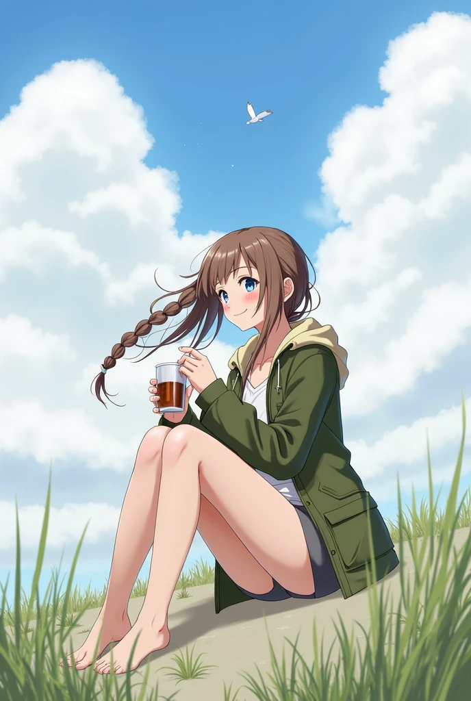 1girl, solo, long hair, blush, smile, blue eyes, brown hair, holding, sitting, jacket, braid, sky, barefoot, cloud, hood, cup, military, hoodie, bird, holding cup, alcohol, mug, green jacket, aircraft, airplane, beer, beer mug, (hair swept bangs:1.3), (long brown hair:1.3), anime style, from girls frontline, fine details. girls frontline, girls frontline universe, girls frontline style, girls frontline, girls frontline cg, 2 0 2 2 anime style, 2022 anime style, pixiv contest winner, concept art 2022,
