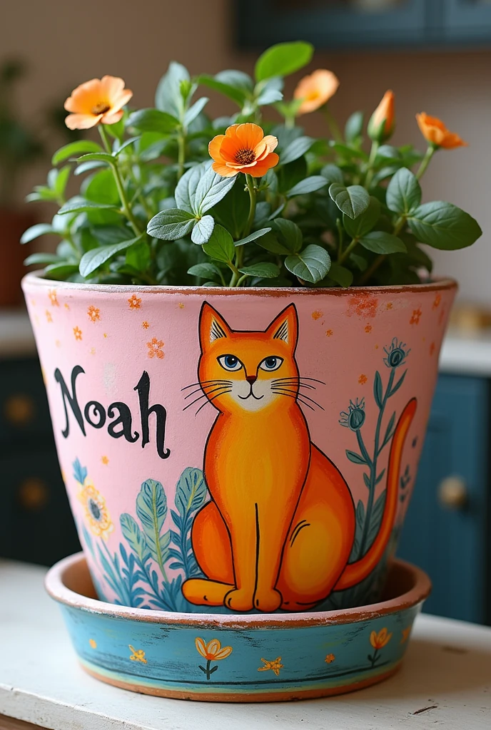 Large flowerpot with an orange cat painted on it, the name noah and that contains the colors pink and blue