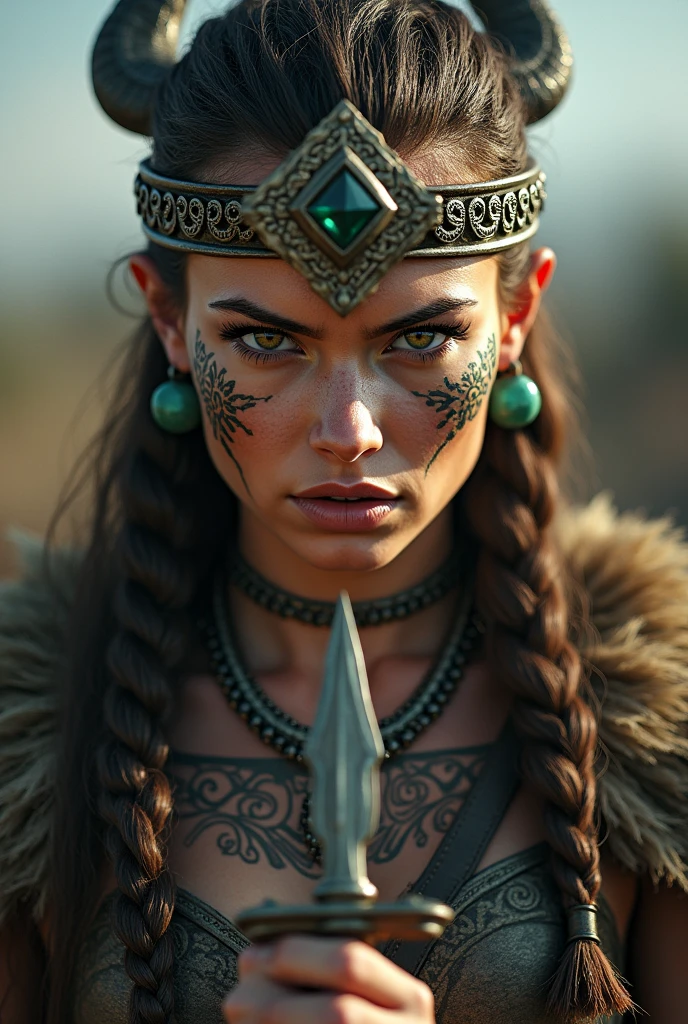 Viking warrior close-up, small sword in hand, Woman, sword next to the face, large head ornament , green stone necklace on neck, tattoo in face, yelling
