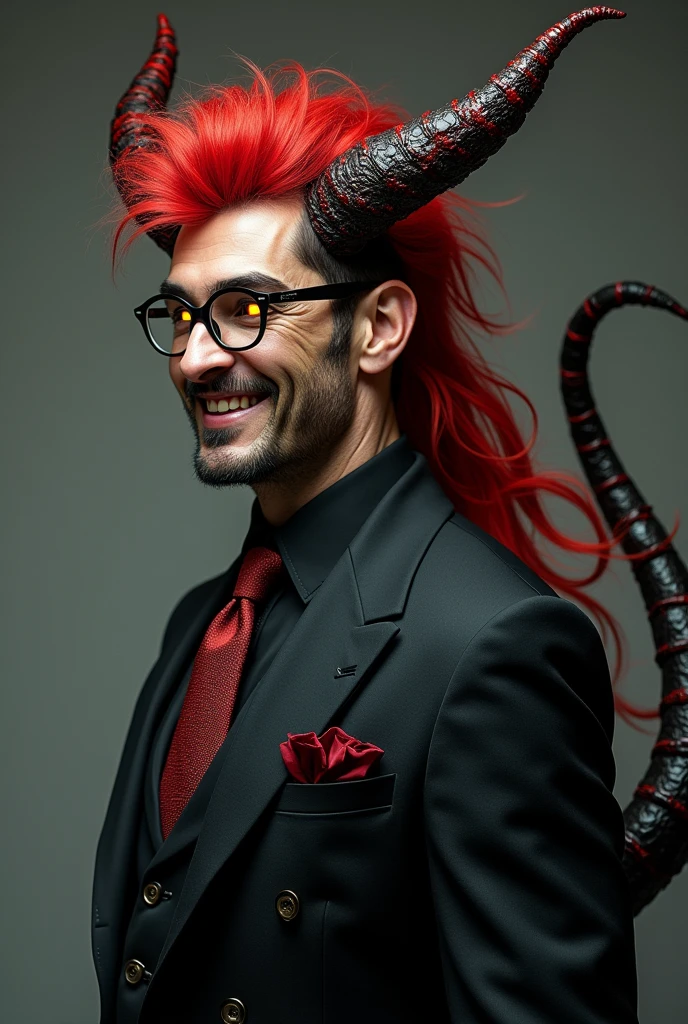 A man with red mullet haircut,horns and demon tail,yellow eyes,sharped teeth,wear glasses,wears a suit and gothic accessories.