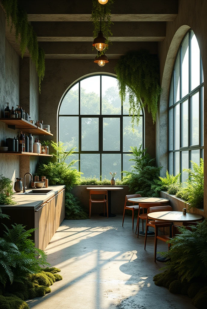 make a small brutalist a cozy dining area with a mini kitchen and mini bar with an open space

full of lush, hanging vines and moss

make a lot of different shape

big industrial window

make some windows circle 

add fern

make the table for only one person
