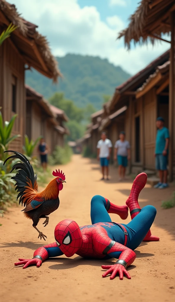 A highly realistic and humorous scene set in an Indonesian village. Spiderman, dressed in his iconic red and blue suit, has just fallen to the ground while trying to catch a lively, escaping rooster. The rooster, flapping its wings in a panic, is just out of reach, sprinting away with feathers flying. Spiderman is sprawled on the dirt path, looking surprised and slightly embarrassed, with one hand outstretched towards the rooster. The background features traditional village houses made of wood and bamboo, with a few curious villagers watching the scene and laughing. The atmosphere is lively and comedic, capturing the unexpected chaos of the moment, highly detailed, no blurring, perfectfingers.