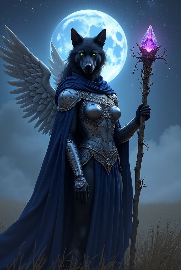  black female werewolf with green eyes wearing a ceremonial navy blue cape and smooth, simple, shiny angelic silver armor. She holds a wooden staff with a vine wrapped around it and a purple crystal at the end.. She is in front of a dimensional portal in the sky, in an open field, She points her staff at the sky where it is full of stars