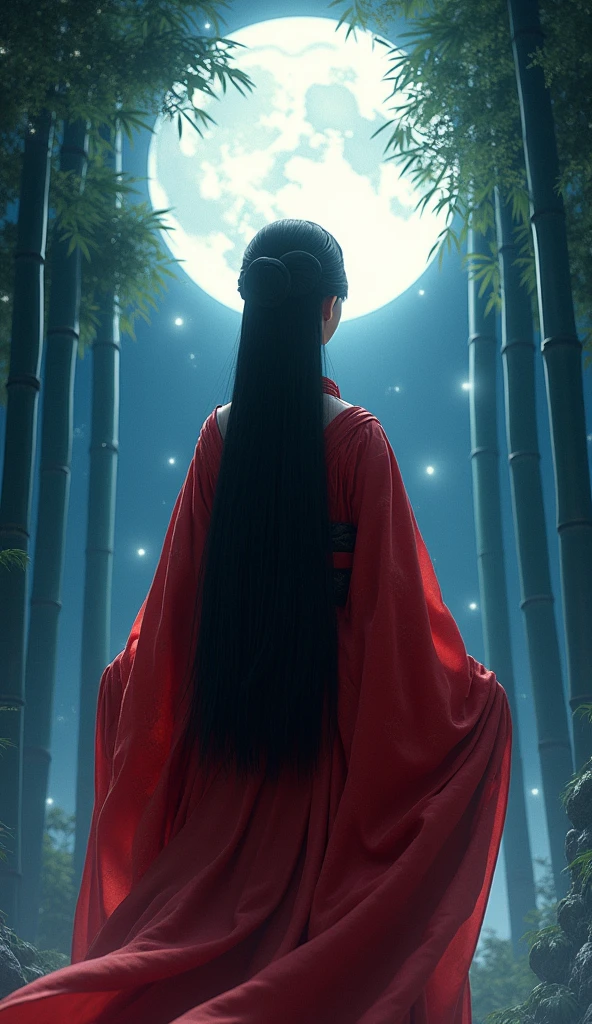 Princess Kaguya, (heian red:1.1) kimono,kimono, Wide sleeves, red (karaginumo:1.1), layered kimono, One person, alone, Black Hair (Hime cut:1.2) Very long hair spread out, (Are standing, From behind), beautifully, beautiful, Wide Shot, Cinema Lighting, Ultra Wide Angle, moonlight, Starry Sky, bamboo forest,