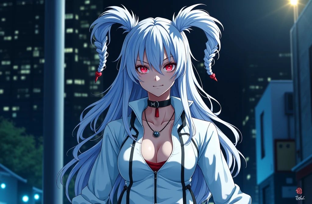anime character with red hair and a black jacket, with red hair, anime handsome man, male anime character, 1boy, solo, suoh mikoto, k project, (((vampire))), insanity, malkavian, city in background, (night), smirk, cowboy shot, dynamic lighting