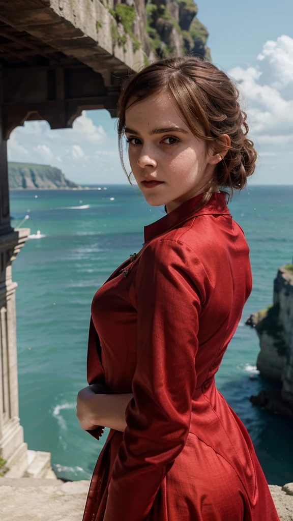 (Emma Watson), red kebaya, beautiful, accessories, red lips, uphills background, open sea, cliffs, 