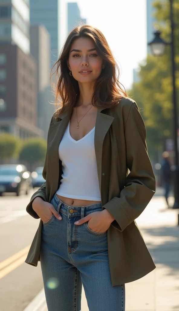 A young woman standing on the street, blur the background, comely, photorrealistic