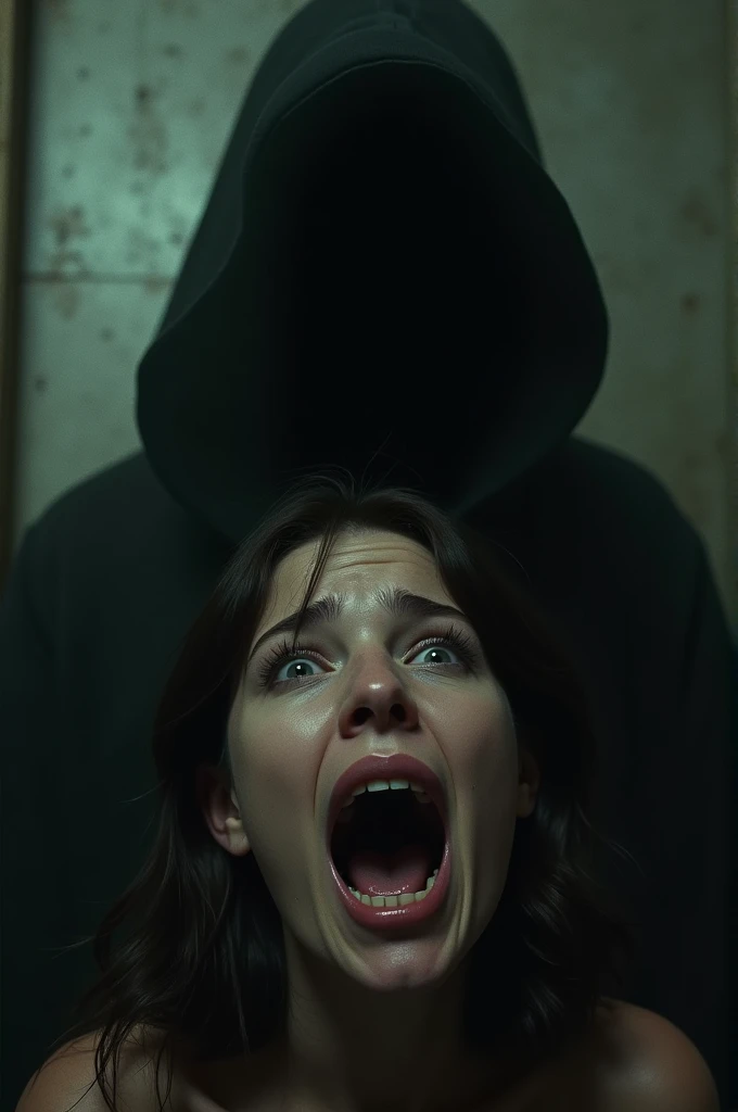 Woman in panic with a terrified look and behind her the silhouette of a black shadow of a person in an atmosphere of terror, all realistic
