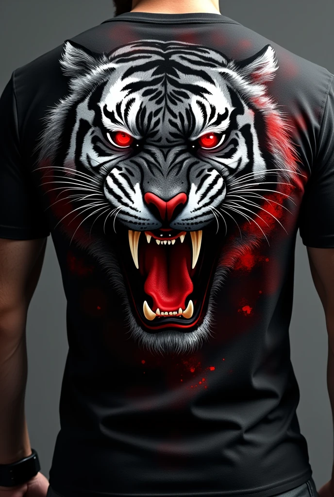 One t shirt printed by tiger t shirt back side
Tiger mouth is open
Tiger eyes is read
Tiger face is blade