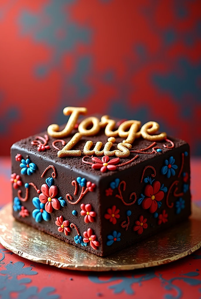 Square-shaped chocolate cake, something very elaborate with sugar details, bright colors and with the name of "Jorge Luis"