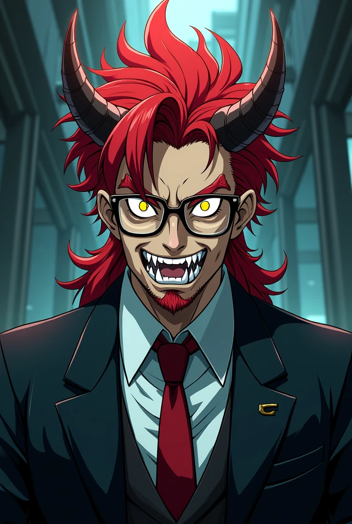 A man with red mullet haircut,horns and demon tail,yellow  eyes,sharped teeth,wear glasses,wears a suit and gothic accessories in the anime version