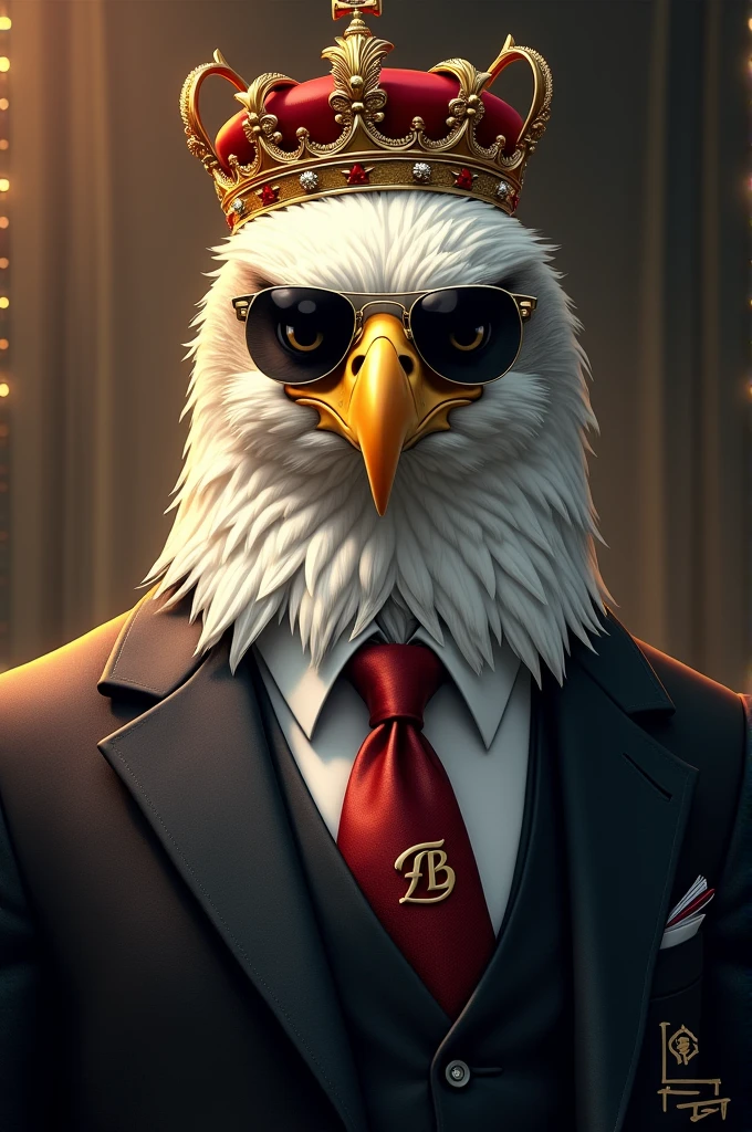 Create an Eagle using sunglasses and a suit, with a king&#39;s crown with the acronym FB and written below “Millionaire Eagle”