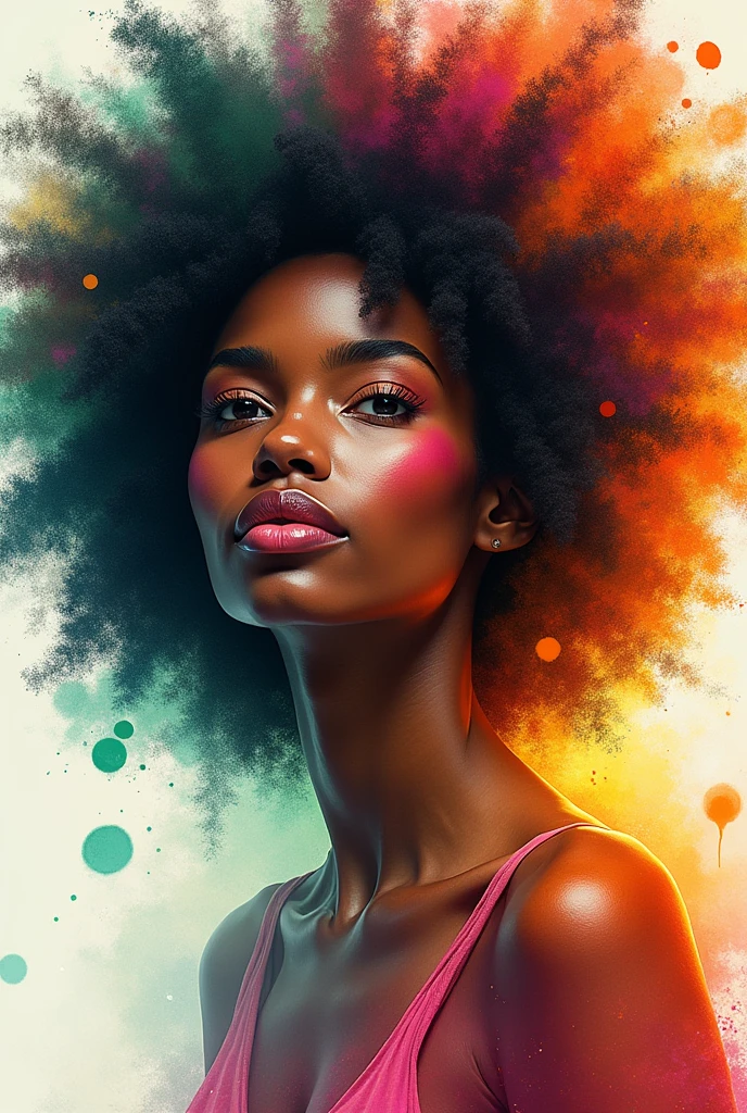 Beautiful black woman very colourful painting a bit abstract using black green and gold, colourful abstract hair watercolor painting semi blended artstyle