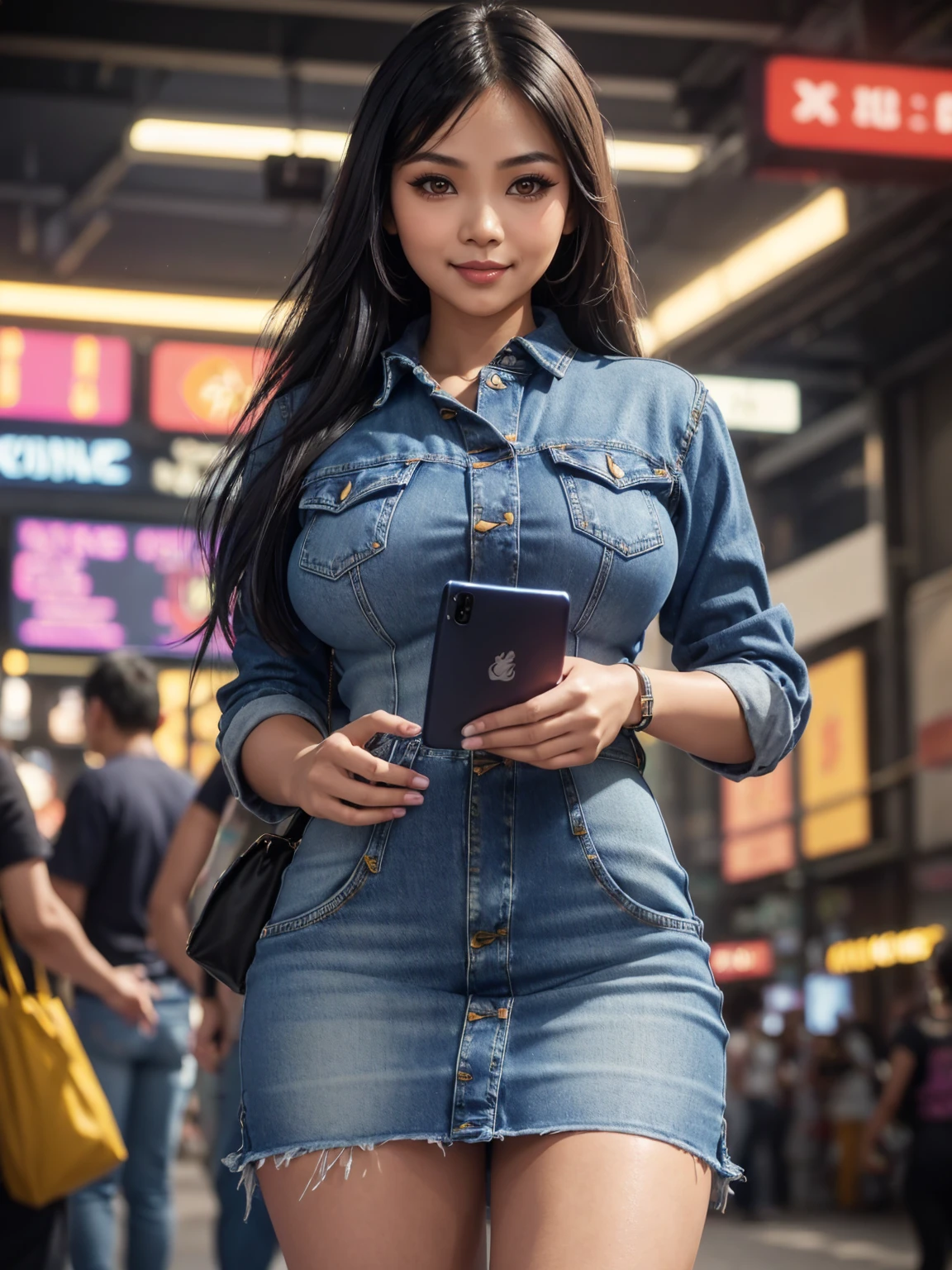 (30 years old, wearing denim dress), ((cute SFW Filipina|Thai woman holding colorful_smartphone, thighs, detailed face and eyeshadow, crowded cyberpunk plaza)), hourglass figure, smile, intricate, big breasts, bangs, (long hair), Cinematic lighting, global illumination, studio lighting, daytime, highly detailed, k, octane render, trending on artstation, soft fill lighting