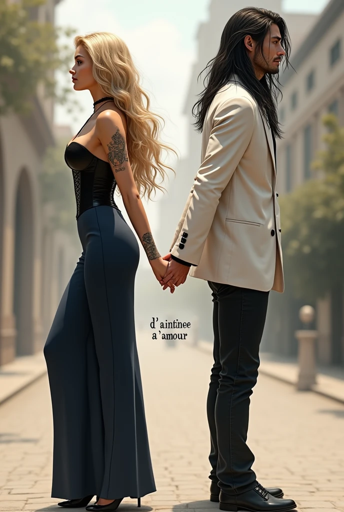 je veux que tu me représente deux personnages une de sexe féminin et l'autre de sex masculin qui se tiennent la main en prenant une direction opposée il doivent être de dos la fille a les cheveux blonds avec les racines légèrement noir elle et de couleur de peau légèrement bronzée elle porte un pantalon élégant bleue marine qui lui arrive a la cheville avec un corset noir elle a les cheveux en dessous des épaules ondulé elle porte des talons le garçon et un peu plus grand que elle il porte un costard blanc c'est cheveux son long mais lui arrive a la nuque il son noir il porte beaucoup de tatouage entre eux deux je veux que sa soit marqué "D'amitié a amour"