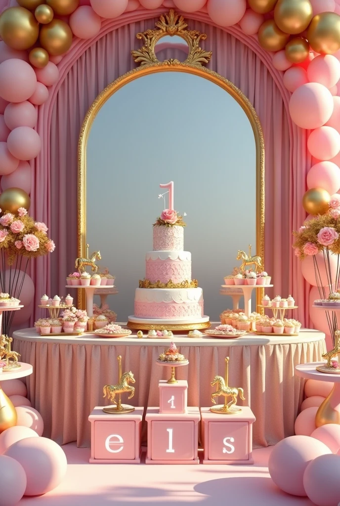 The photo must show the decoration of a luxurious birthday party with a carousel theme.. The main scene consists of a large panel decorated with mirrors and drapes in soft pink., creating an expansive and reflective effect. The candy tables are richly decorated in shades of pink and gold, displaying a variety of sweets, cupcakes e um bolo alto central, adorned with carousel horses. Gold and pink balloons are arranged in large clusters around the panel, adding volume and color. There are also small golden carousel horses as part of the decoration., maintaining thematic consistency. the number "1" in LED lights is positioned in front, suggesting it may be a first birthday celebration, with 4 boxes in front of the cake with the letters "E L I S". The overall design conveys a sense of opulence, with a soft color palette dominated by pink, white and gold, perfectly suited for the celebration of a .