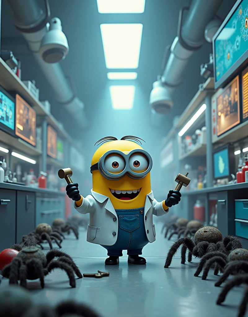 Minion Kevin in scientist suit fighting spiders in the lab, use tools such as screwdrivers, hammer, and fire extinguishers to fight them. Spiders surround Kevin, while he attempts to protect important scientific equipment.A modern laboratory with bright lights, nhiều màn hình hiển thị hình ảnh trực tiếp từ một thành phố đang bị tấn công bởi nhện khổng lồ. there are scientists lying down 
