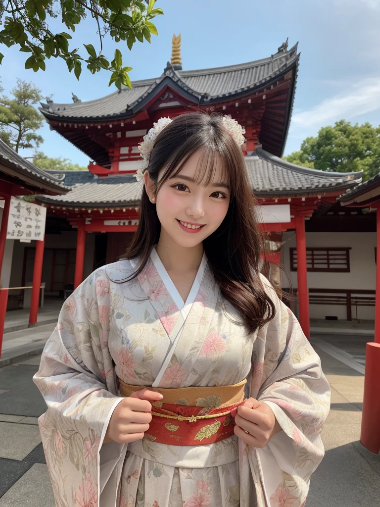 1girl, solo, highres, best_quality, masterpiece, detailed_background, intricate_details, beautiful, nara, kofuku_ji, pagoda, temple, historical, traditional_clothes, kimono, smile, looking_at_viewer, dynamic_pose, natural_pose, candid, happy