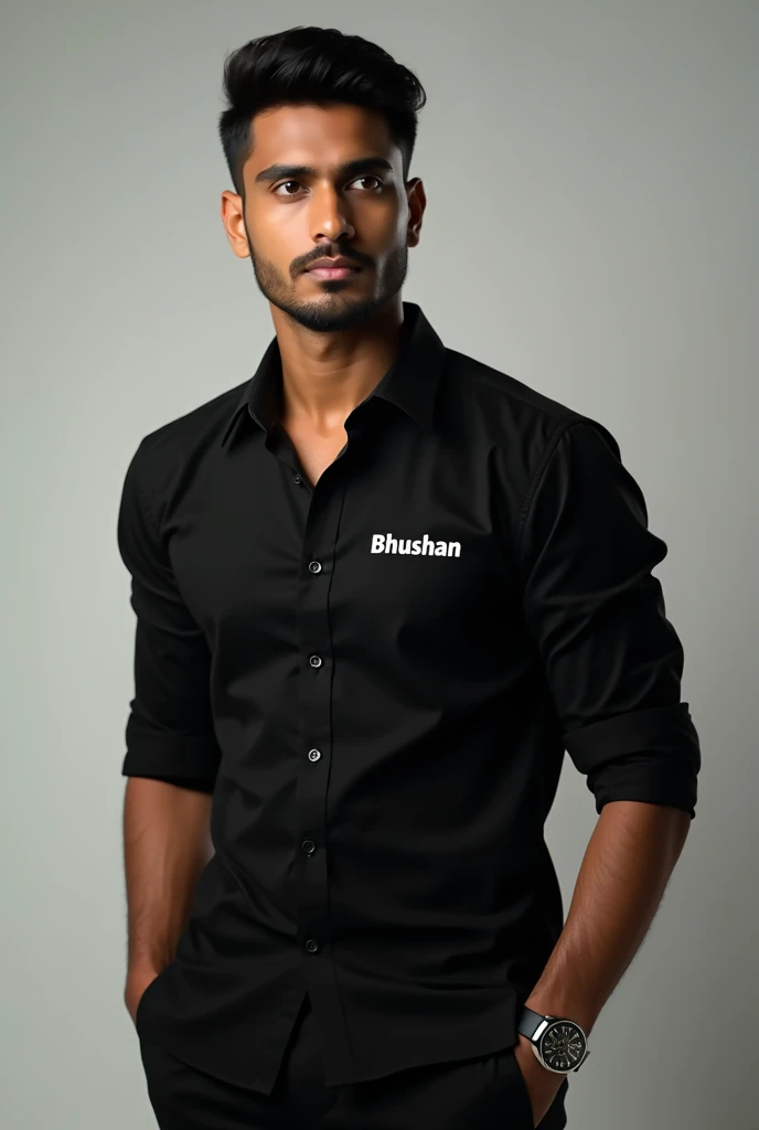 A handsome man with black shirt and their shirt "Bhushan" name is printed