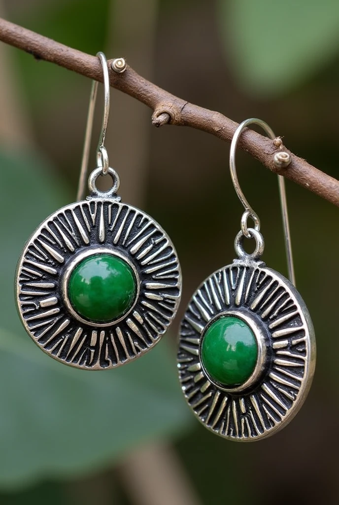 aritos:

Materials: Recycled silver and green jade.
design: The earrings have the shape of the Mayan Sun, representing Honduras&#39; ancestral connection to the Mayan civilization. The center of the earrings is adorned with a green jade stone., which is a historically significant mineral in the region, used in ornaments and sacred rituals.
Size: Diameter 2 cm.
colors: Bright silver and jade green.
cultural relevance: The Mayan Sun is a symbol of energy and life, while jade symbolizes eternity and connection with nature.