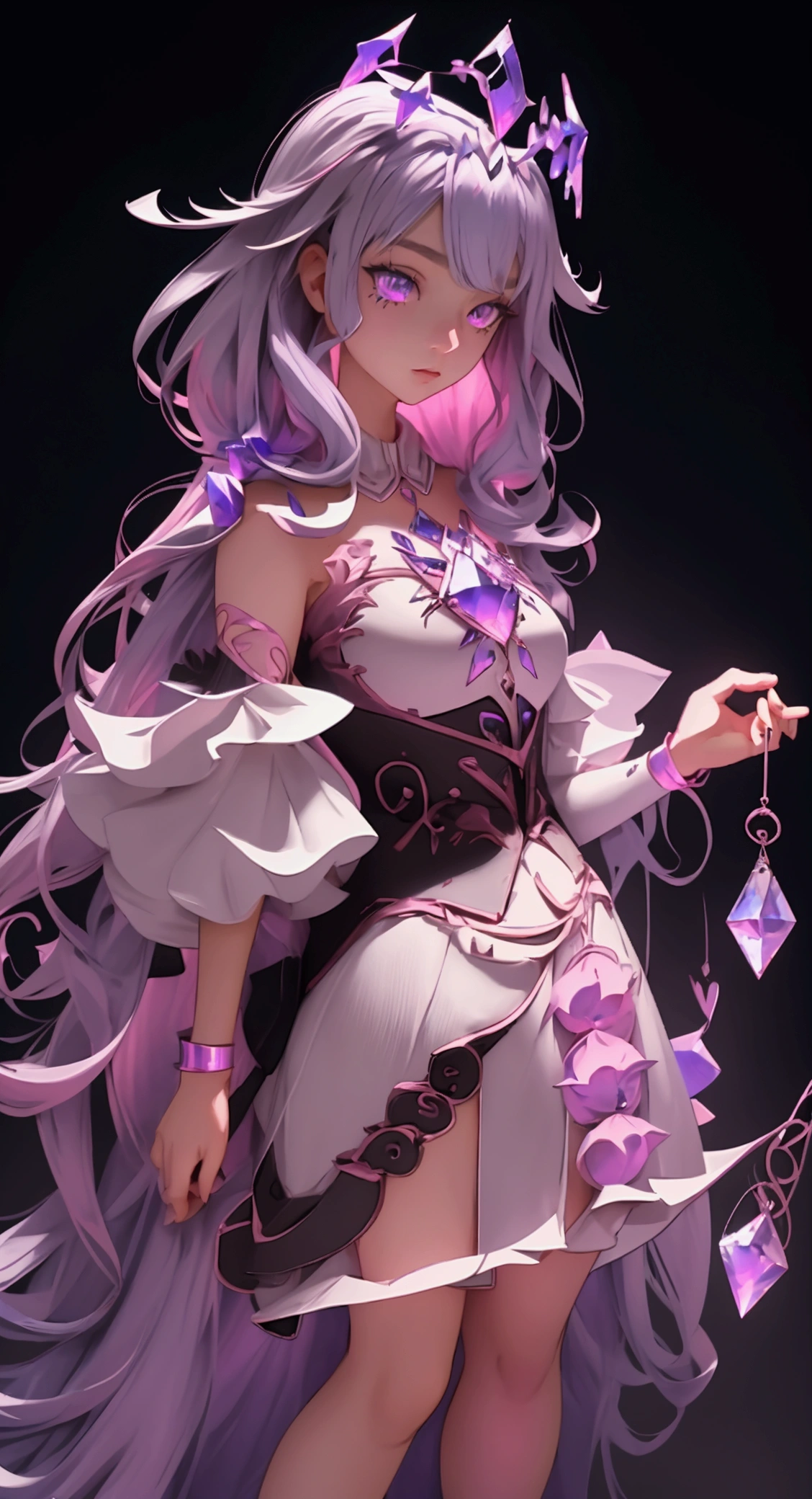 envision a 8k, highres, cinematic, beautiful full body design sheet of a short adult girl named Koseki Bijou with long pinkish gray hair, a jeweled crown, purple eyes, wearing a white dress with magic attachments and bright colorful crystal armor plates against a dark background