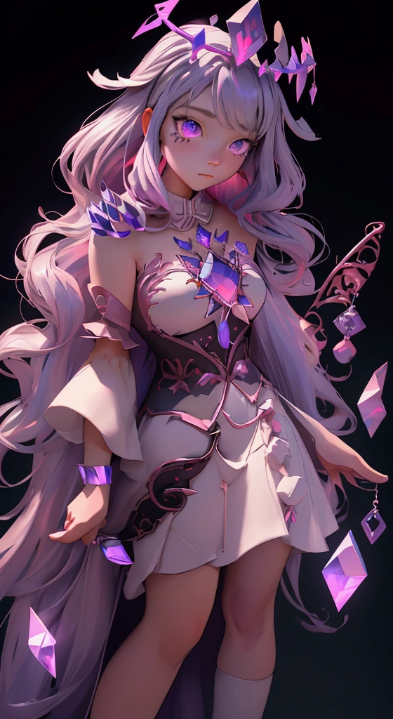 envision a 8k, highres, cinematic, beautiful full body design sheet of a short adult girl named Koseki Bijou with long pinkish gray hair, a jeweled crown, purple eyes, wearing a white dress with magic attachments and bright colorful crystal armor plates against a dark background