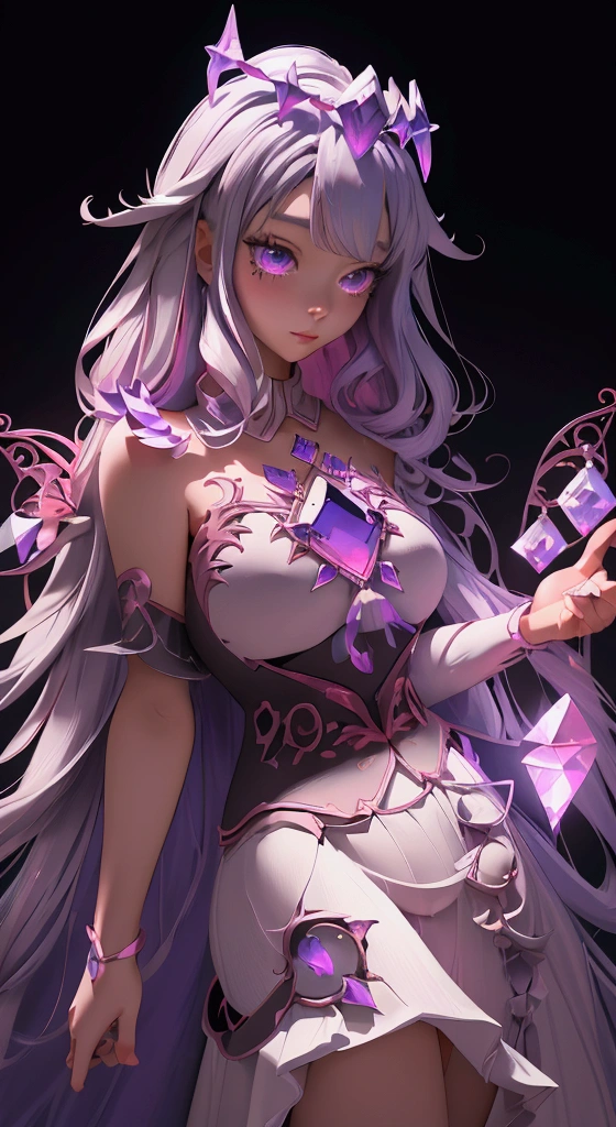 envision a 8k, highres, cinematic, beautiful full body design sheet of a short adult girl named Koseki Bijou with long pinkish gray hair, a jeweled crown, purple eyes, wearing a white dress with magic attachments and bright colorful crystal armor plates against a dark background