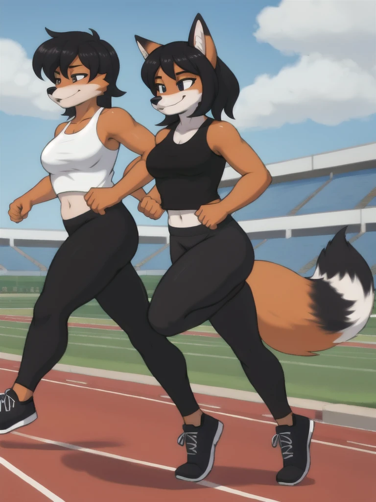 Furry, fox, female, black shirt, black leggings, shoes, running track, friends, full body