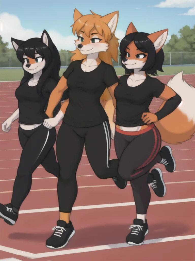 Furry, fox, female, black shirt, black leggings, shoes, running track, friends, full body