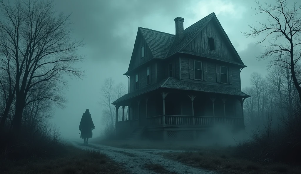 make an illustration of a haunted house , make it dark and spooky with fog and a dark color palette, there is a mysterious and scary being in the corner of the house, almost invisible, make it with an ultra-realistic tone, rich in details