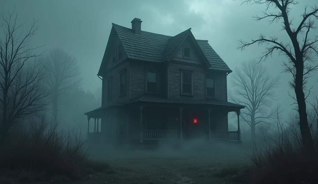 make an illustration of a haunted house , make it dark and spooky with fog and a dark color palette, there is a mysterious and scary being in the corner of the house, almost invisible, make it with an ultra-realistic tone, rich in details
