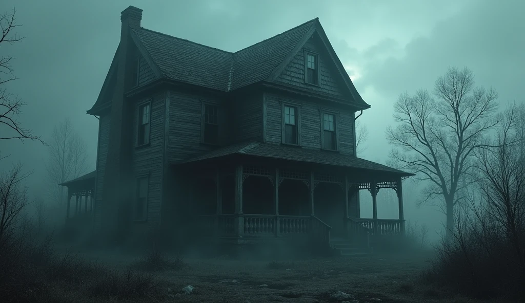 make an illustration of a haunted house , make it dark and spooky with fog and a dark color palette, there is a mysterious and scary being in the corner of the house, almost invisible, make it with an ultra-realistic tone, rich in details