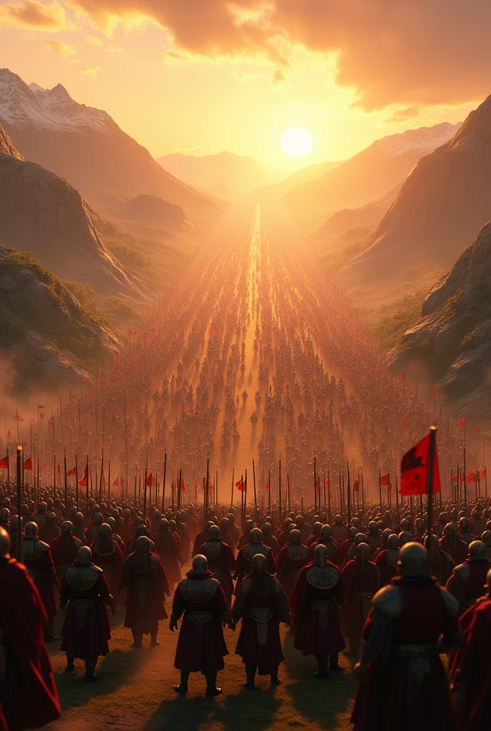 In 3d animation style "A vast battlefield at dawn, with both armies of Kauravas and Pandavas facing each other in formation. The sky is tinged with early morning light, and the atmosphere is tense and anticipatory."