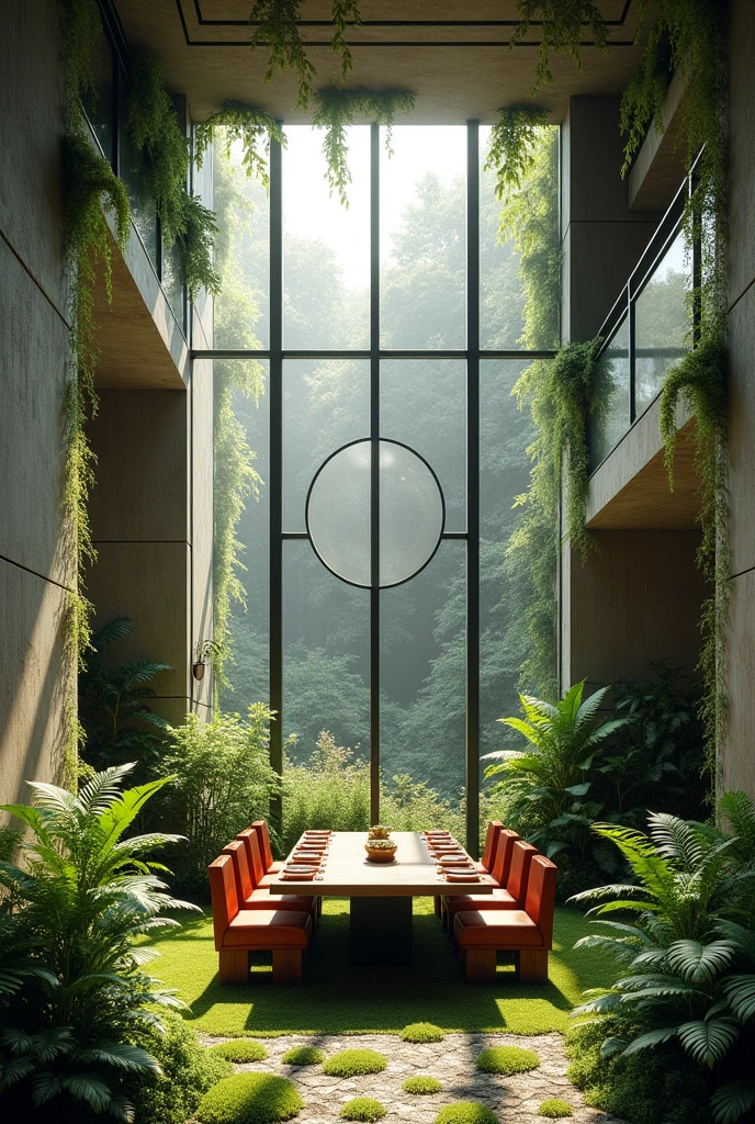 make a small brutalist a cozy dining area with a mini kitchen and mini bar with an open space

full of lush, hanging vines and moss

make a lot of different shape

big industrial window

make some windows circle 

add fern

make the table for only one person

grass floor
